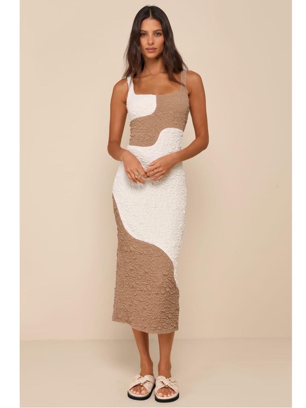 Lulus Instantly Adored Taupe & Cream Color Block Textured Midi Dress Vacation